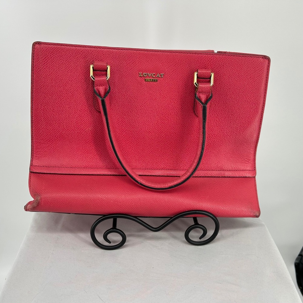 LOVCAT Paris Pink Textured Leather‎ Heart Charm Satchel Handbag Gold Accents